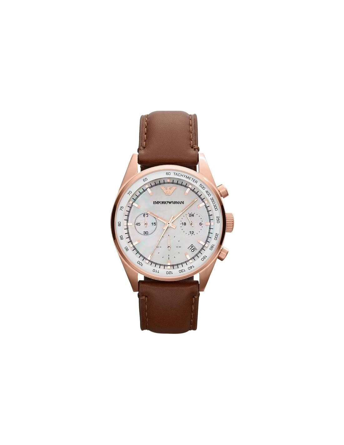 Montre Emporio Armani Sportivo AR5996 pour Femme, Cadran Nacre, Boîtier Or Rose, Bracelet Cuir Marron