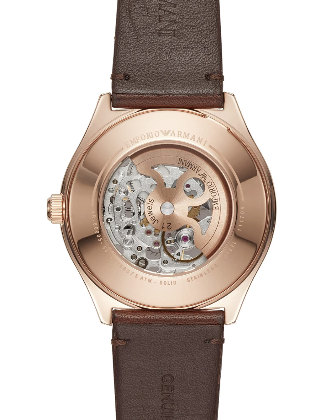 Montre Homme Emporio Armani Zeta AR60005 Automatique Squelette - Cadran Argent, Boîtier Or Rose, Bracelet Cuir Marron vue 2