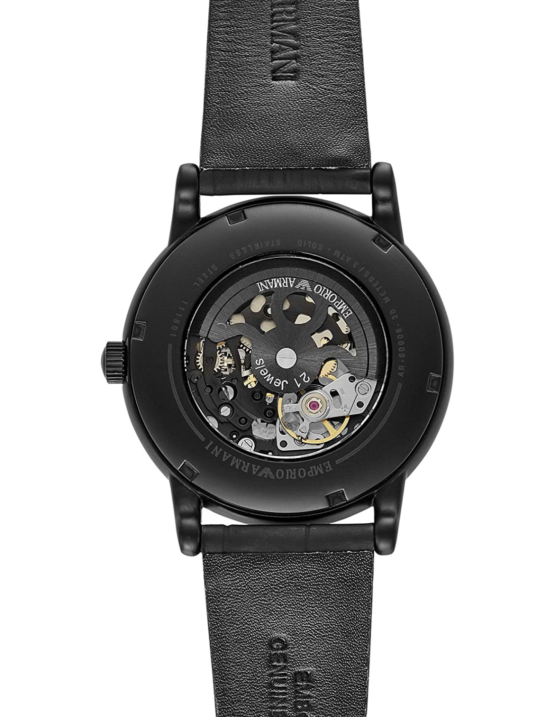 Montre Homme Emporio Armani Meccanico AR60008 Cadran squelette noir, bracelet cuir noir vue 2