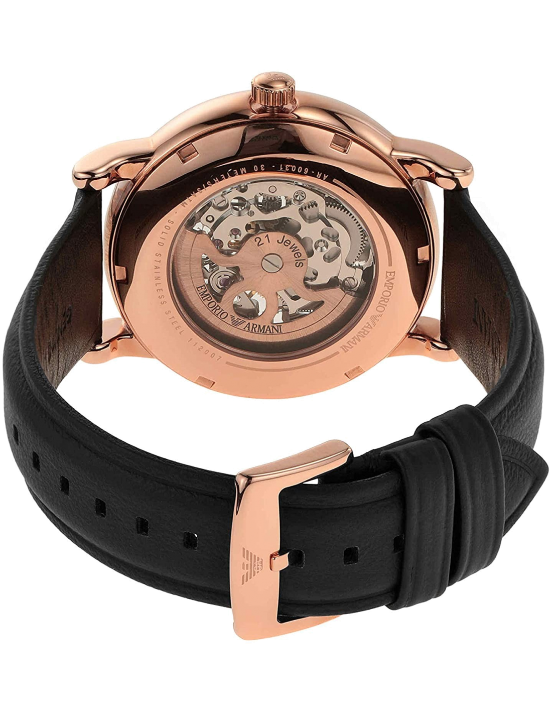 Montre Homme Emporio Armani AR60031 Cadran Squelette Argent Boîtier Or Bracelet Cuir Noir vue 3