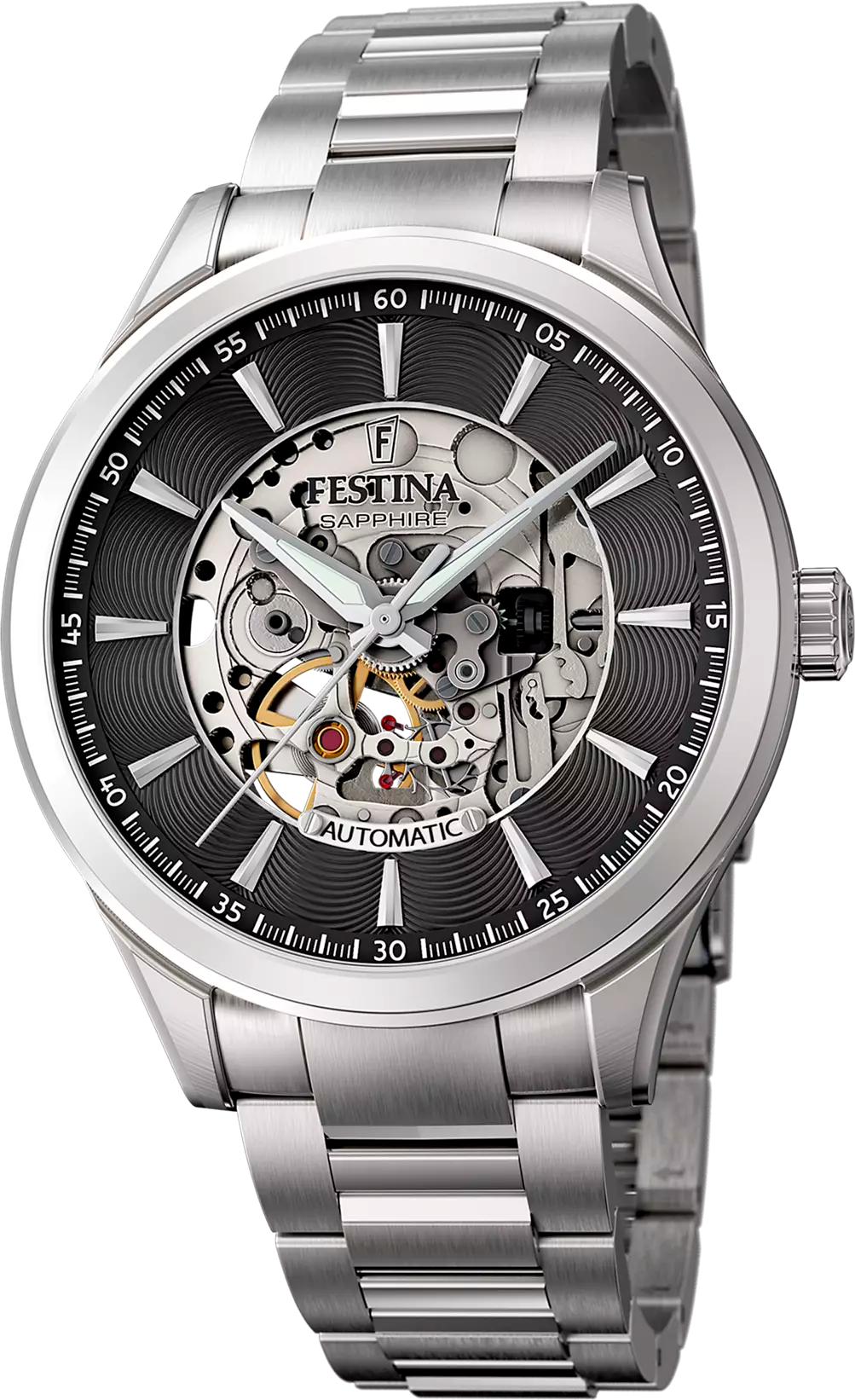 Montre Homme Festina Skeleton Automatic F20536/4 - Cadran Gris, Boîtier et Bracelet Acier Argenté