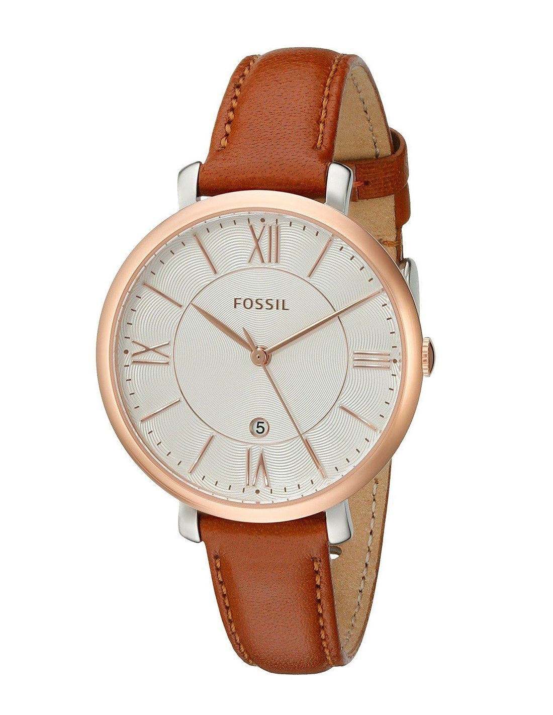 Montre Femme Fossil ES3842 - Cadran Argent, Boîtier Or Rose, Bracelet Cuir Marron Fin