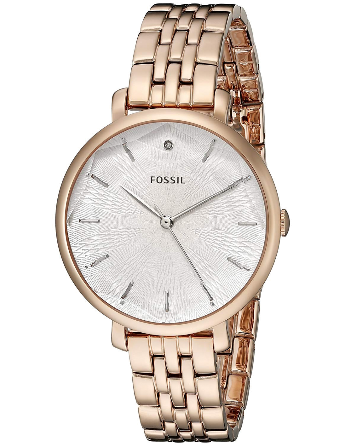 Montre Femme Fossil Jacqueline ES3860 - Boîtier Or Rose, Cadran Argent, Bracelet Cuir