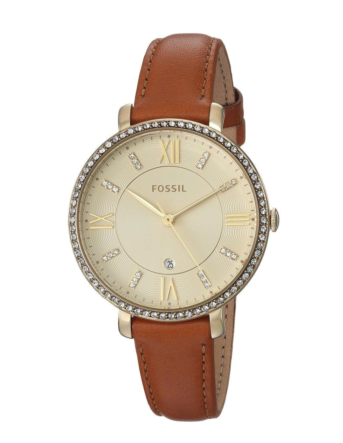 Montre Femme Fossil Jacqueline ES4293 - Boîtier Or Rose, Cadran Doré, Bracelet Cuir Bleu