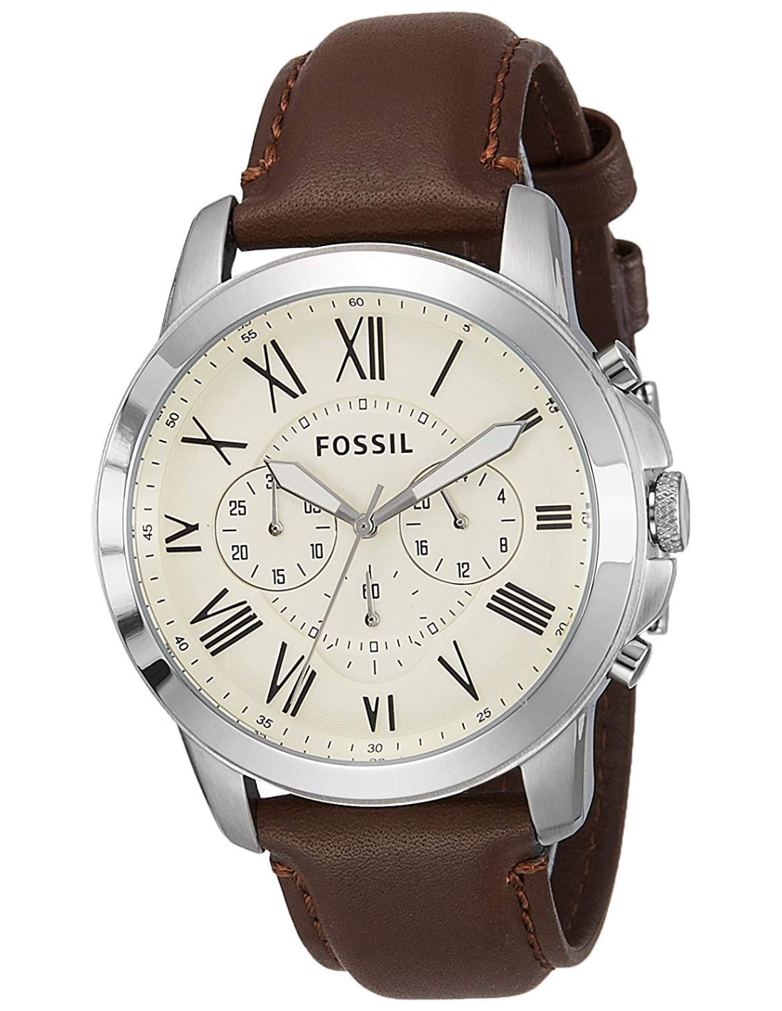 Montre Homme Fossil Grant FS4735 Cadran Argent et Bracelet Cuir Marron