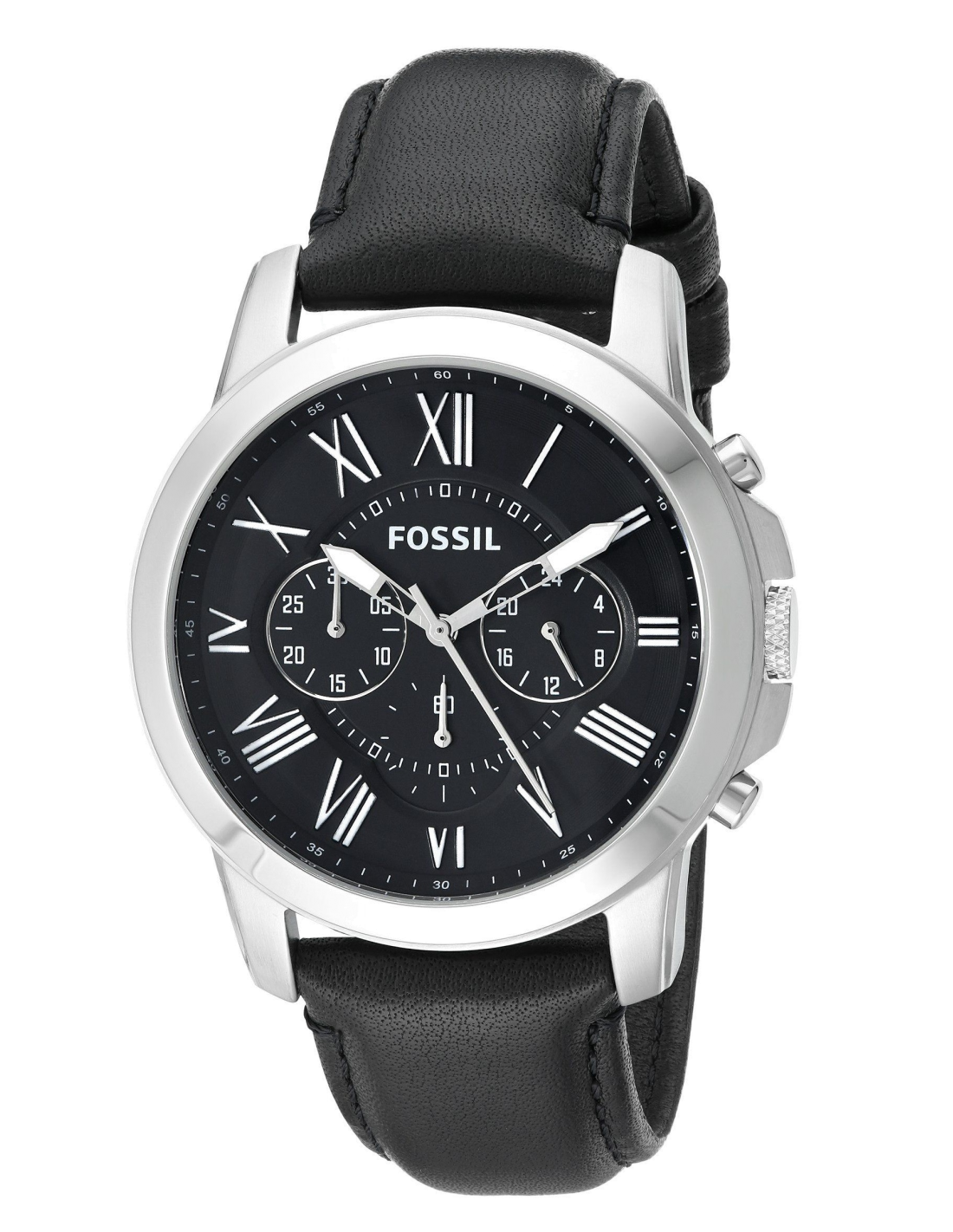 Montre Homme Fossil Grant FS4812 - Cadran Argenté, Bracelet Cuir Noir