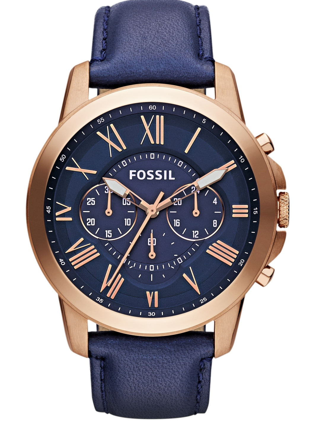 Montre Homme Fossil Grant FS4835 - Boîtier or rose, cadran et bracelet cuir bleu