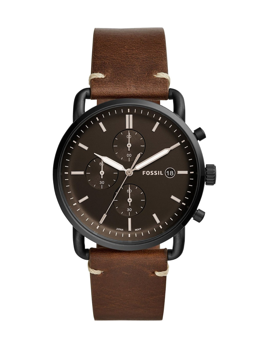 Montre Homme Fossil The Commuter FS5403, cadran noir et bracelet cuir marron