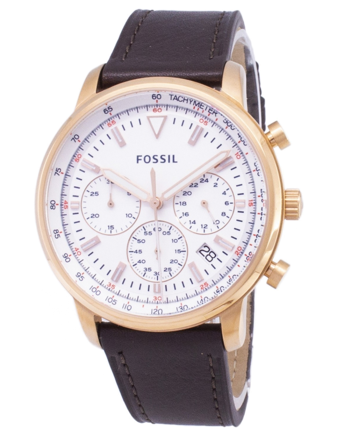 Montre Homme Fossil FS5415 Chronographe Cadran Noir, Boîtier Or Rose, Bracelet Cuir Marron