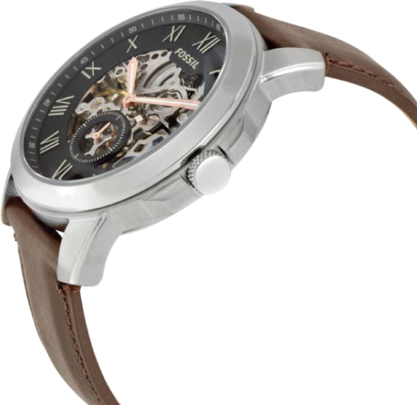 Montre automatique Fossil Grant ME3095 pour homme, cadran noir, boîtier argent, bracelet cuir marron vue 2