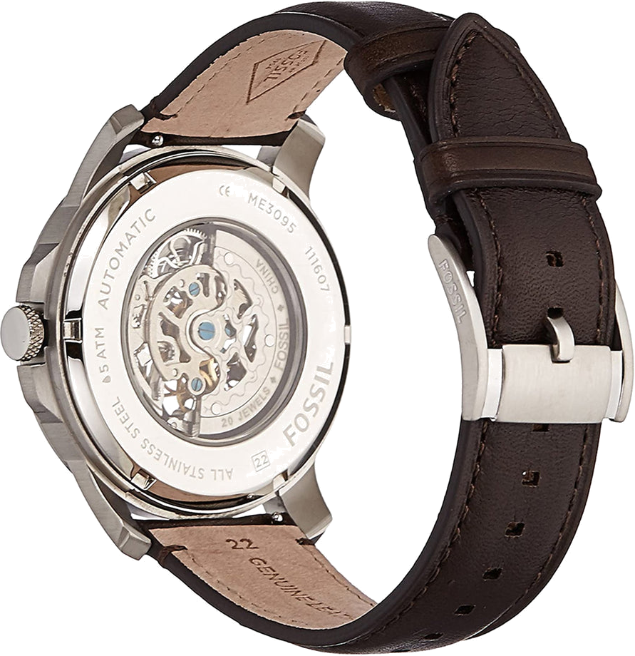 Montre automatique Fossil Grant ME3095 pour homme, cadran noir, boîtier argent, bracelet cuir marron vue 3