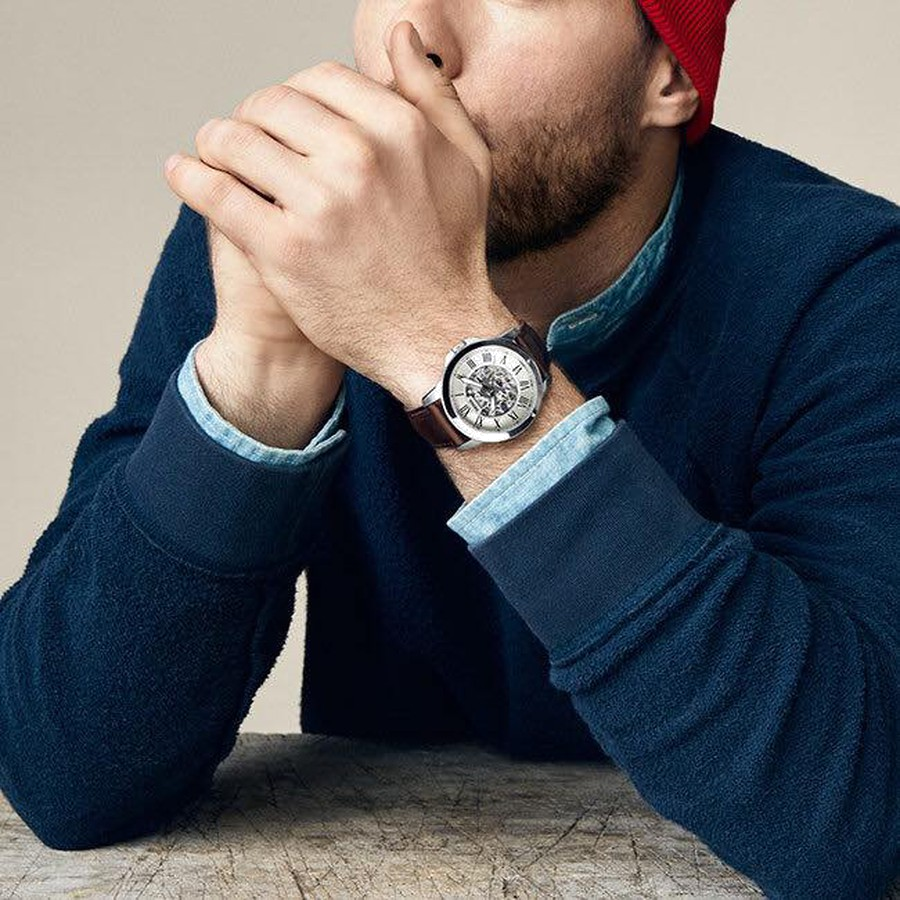 Montre automatique Fossil Grant ME3095 pour homme, cadran noir, boîtier argent, bracelet cuir marron vue 4