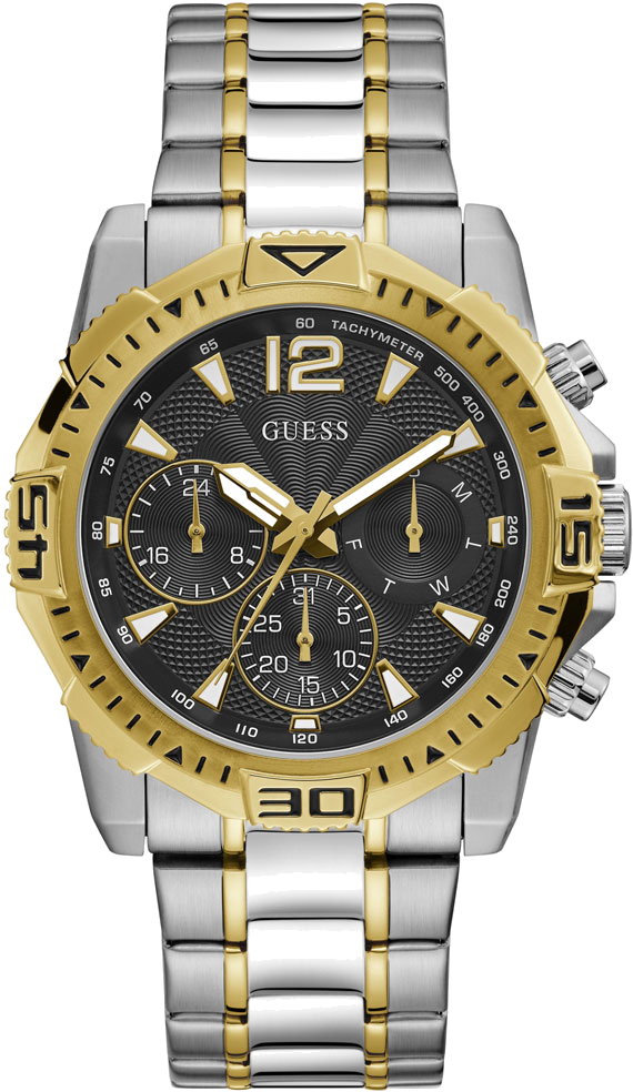 Montre Guess Homme GW0056G4 - Cadran Noir Multifonction, Bracelet Acier Bicolore Argent/Or