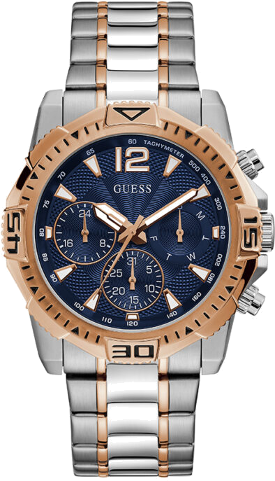 Montre Guess Commander GW0056G5 pour Homme - Cadran Bleu Multifonction, Bracelet Acier Bicolore