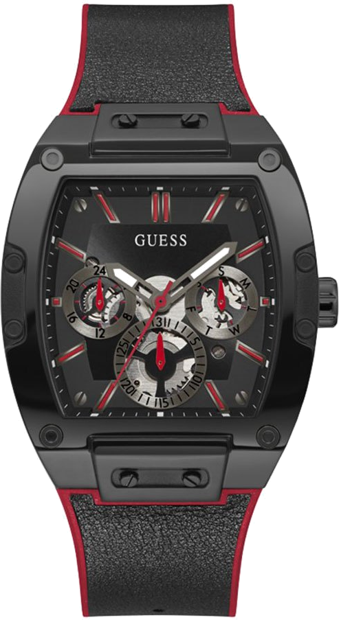 Montre Guess Phoenix GW0202G7 pour Homme - Cadran noir tonneau 43mm, bracelet silicone noir et rouge