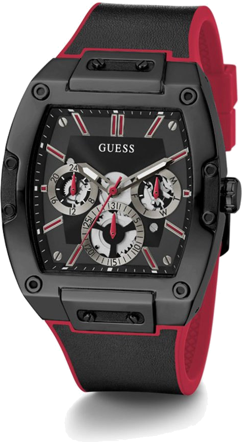 Montre Guess Phoenix GW0202G7 pour Homme - Cadran noir tonneau 43mm, bracelet silicone noir et rouge vue 4
