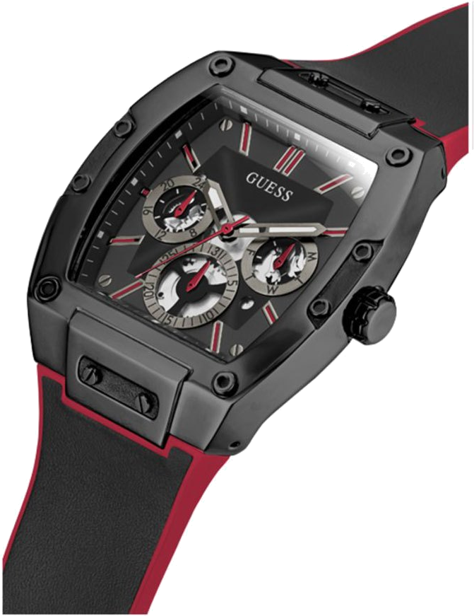 Montre Guess Phoenix GW0202G7 pour Homme - Cadran noir tonneau 43mm, bracelet silicone noir et rouge vue 5