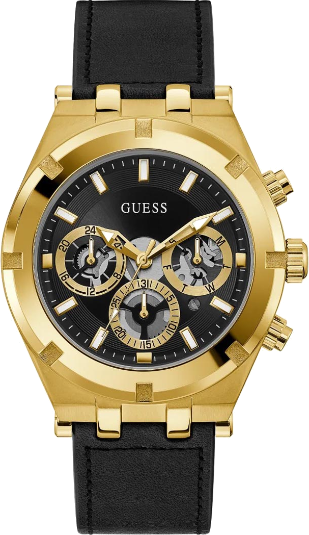 Montre Homme Guess GW0262G2 Cadran Multifonctions Noir Boîtier Or Bracelet Cuir