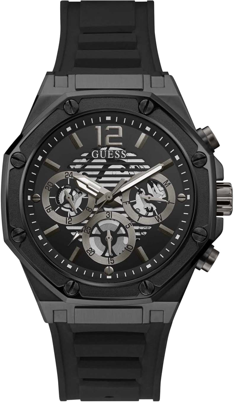 Montre Homme Guess Multifonction GW0263G4 - Boîtier Octogonal 44mm Noir, Bracelet Silicone