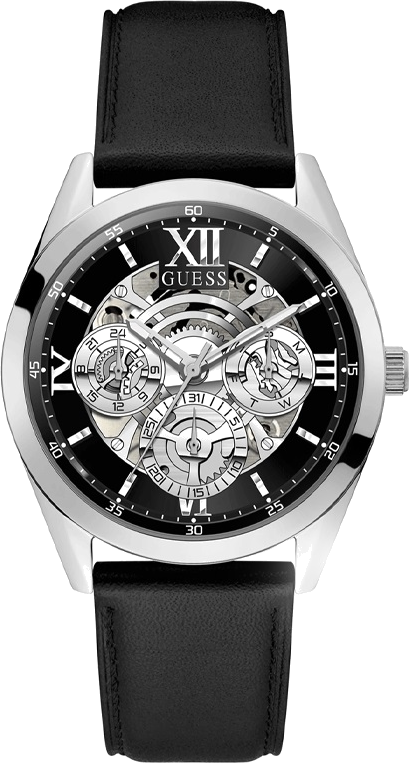 Montre Homme Guess GW0389G1 Cadran squelette noir, boîtier argent, bracelet cuir