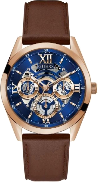 Montre Guess Homme GW0389G3 - Cadran Bleu Nuit, Boîtier Or et Bracelet Cuir Marron