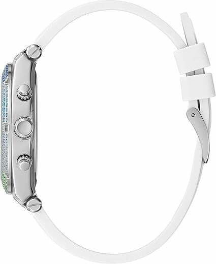 Montre Femme Guess Heiress GW0407L4 bracelet silicone blanc boitier orné de cristaux multicolores vue 2