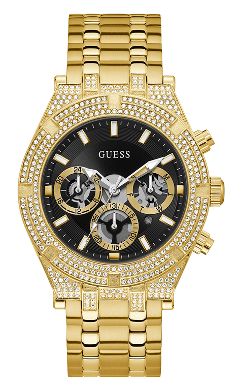 Montre Guess Homme GW0455G2 - Boîtier Doré Serti de Strass, Cadran Noir, Bracelet Acier