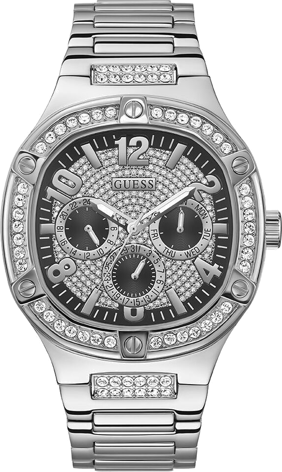 Montre Homme Guess Duke GW0576G1, boîtier argenté avec strass, bracelet acier