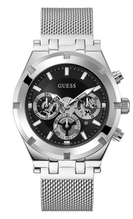 Montre Homme Guess Continental GW0582G1, cadran noir multifonction, bracelet maille milanaise argent