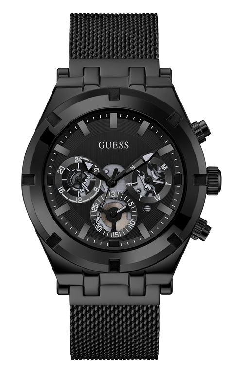 Montre Homme Guess Continental GW0582G3, cadran multifonction noir, bracelet maille milanaise acier noir