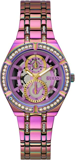 Montre Femme Guess Allara GW0604L4 bracelet acier arc-en-ciel cadran squelette cristaux multifonctions