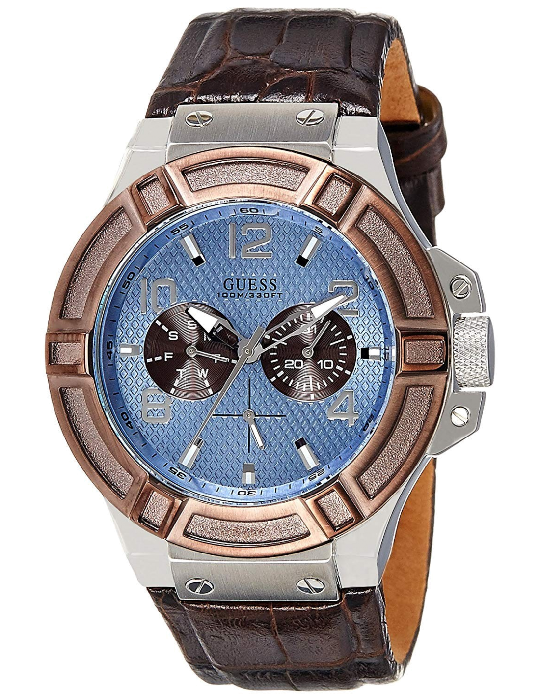 Montre Homme Guess W0040G10 - Cadran Bleu, Bracelet Cuir Marron
