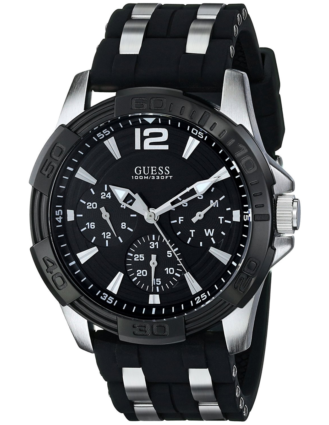 Montre Homme Guess Oasis W0366G1, Cadran Noir, Bracelet Silicone et Acier