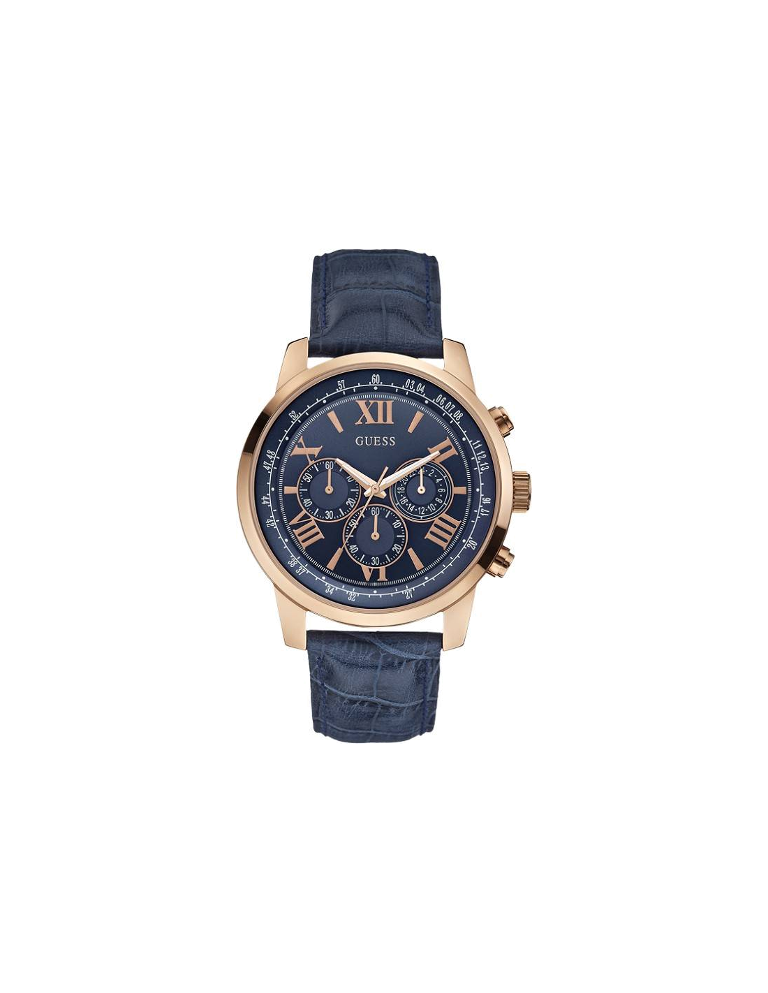 Montre Homme Guess Horizon W0380G5 - Boîtier Or Rose, Cadran Bleu, Bracelet Cuir