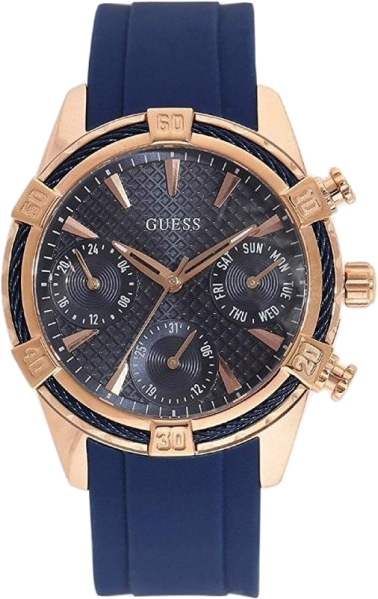 Montre Femme Guess Catalina W0562L3 - Cadran Bleu, Boîtier Or Rose, Bracelet Silicone Bleu