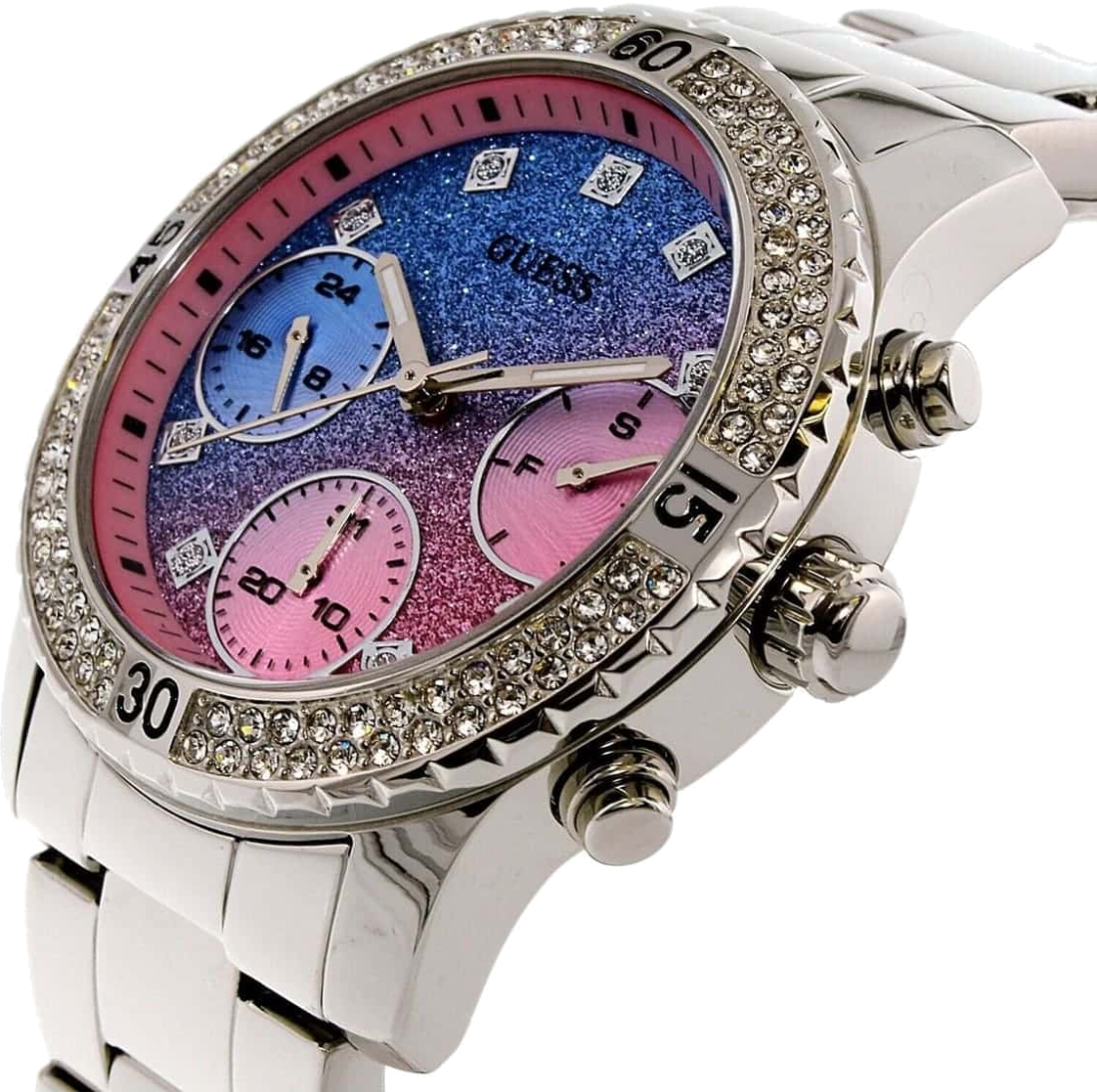 Montre Femme Guess W0774L1 en Acier Argent, Cadran Bicolore Bleu et Rose vue 3