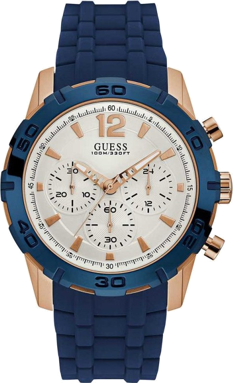 Montre Guess Homme W0864G5 - Boîtier Acier Or Rose 45mm, Cadran Blanc, Bracelet Silicone Bleu