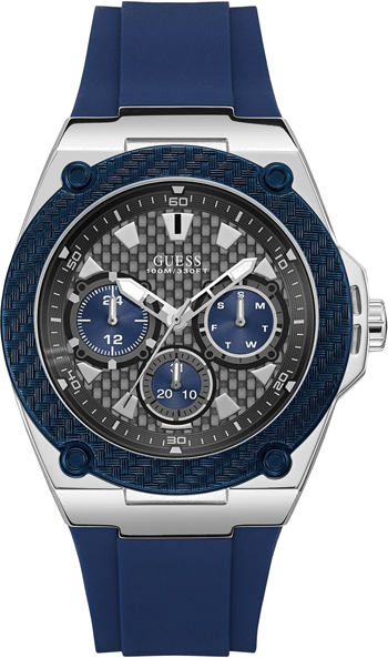Montre Homme Guess Legacy W1049G1, Cadran Tonneau Gris Multifonction, Bracelet Silicone Bleu