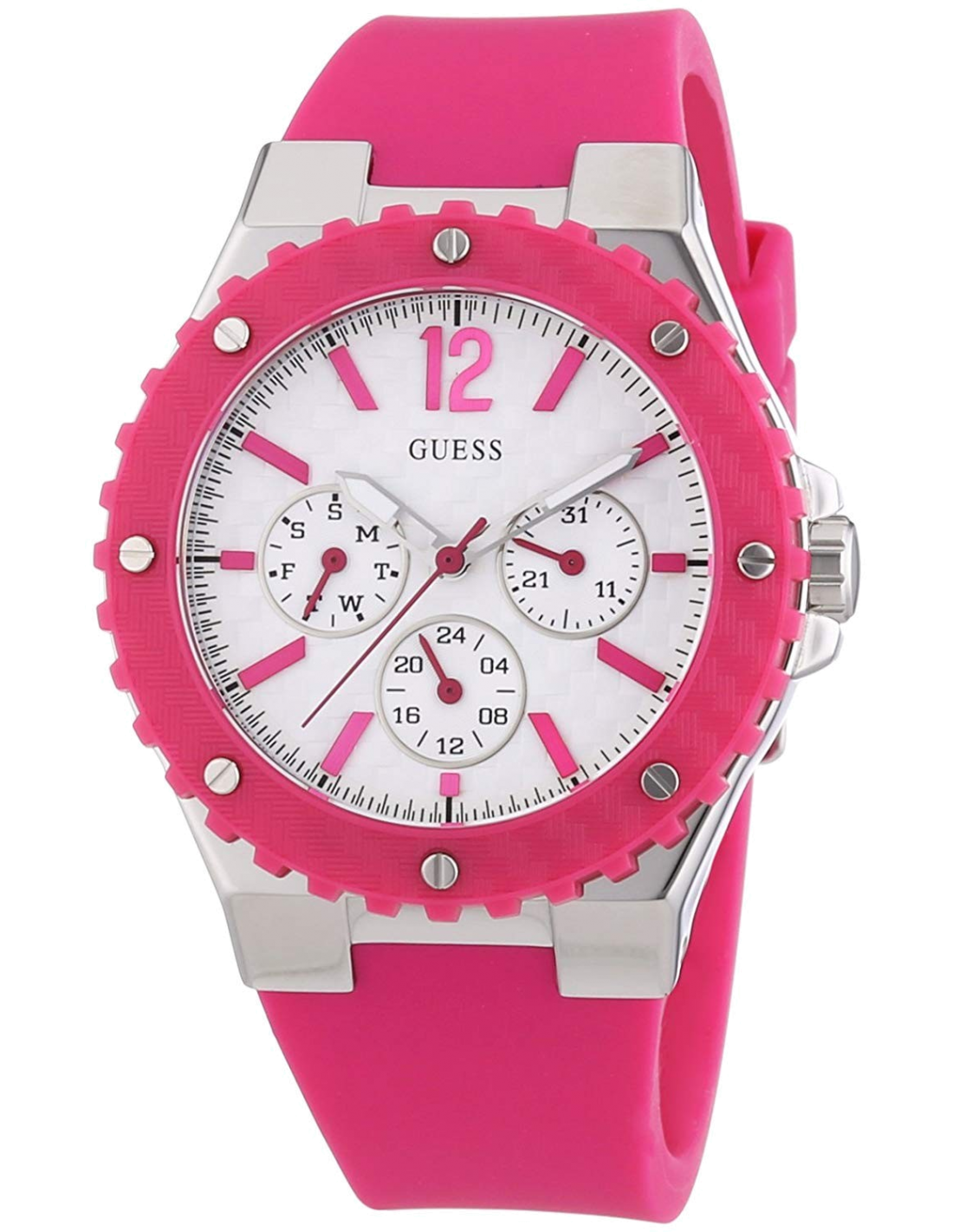 Montre Femme Guess Overdrive W90084L2 - Cadran Blanc, Bracelet Fuschia en Résine