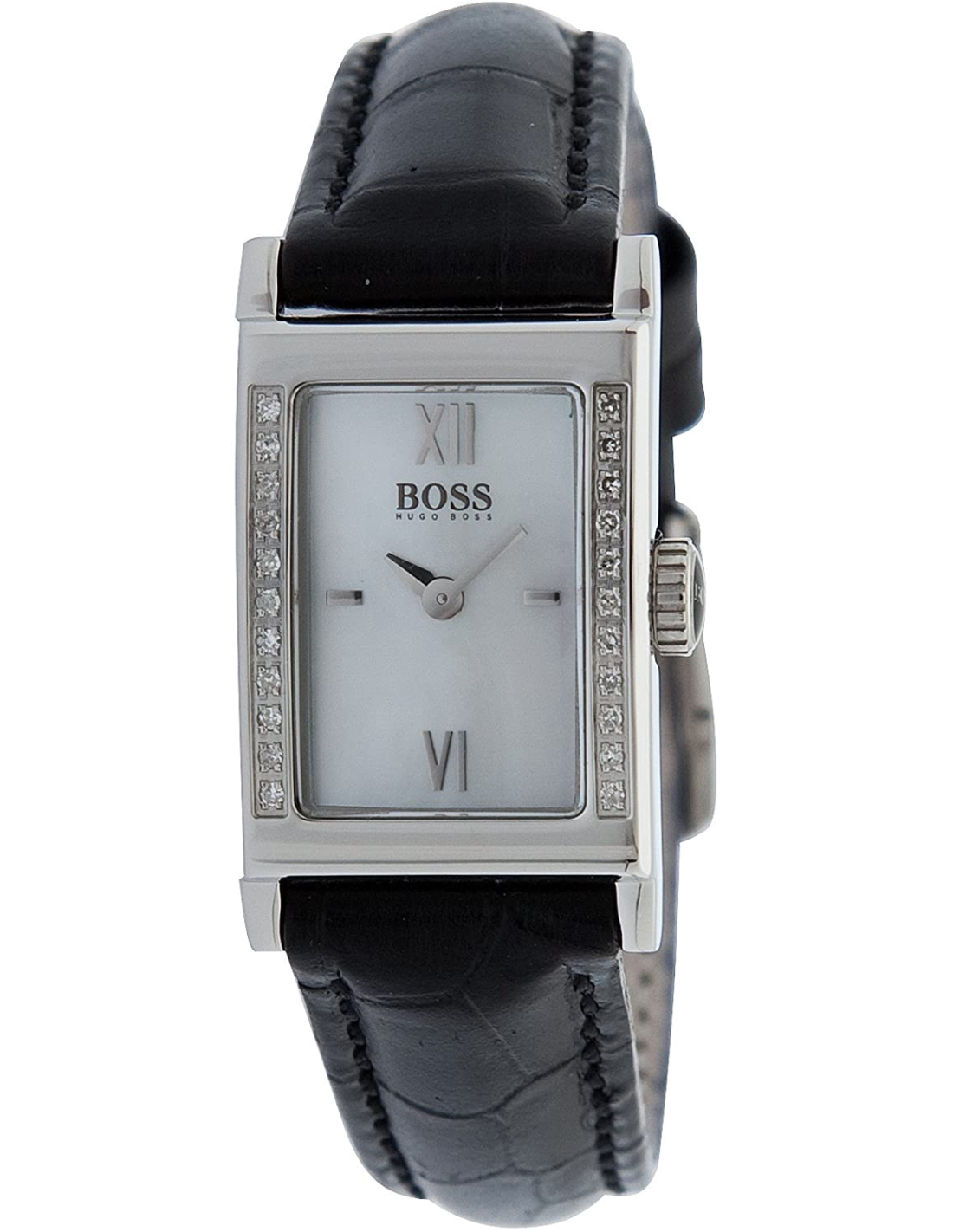 Montre Hugo Boss 1502192 pour femme, boîtier argent rectangulaire et bracelet cuir noir
