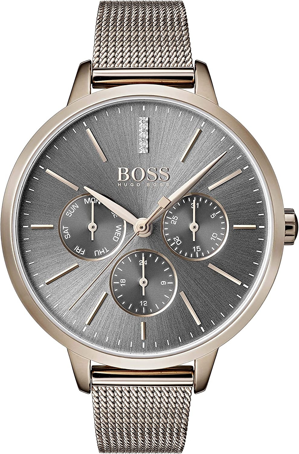 Montre Hugo Boss Symphony 1502424 pour Femme, Cadran Noir, Boîtier et Bracelet Acier Or Rose