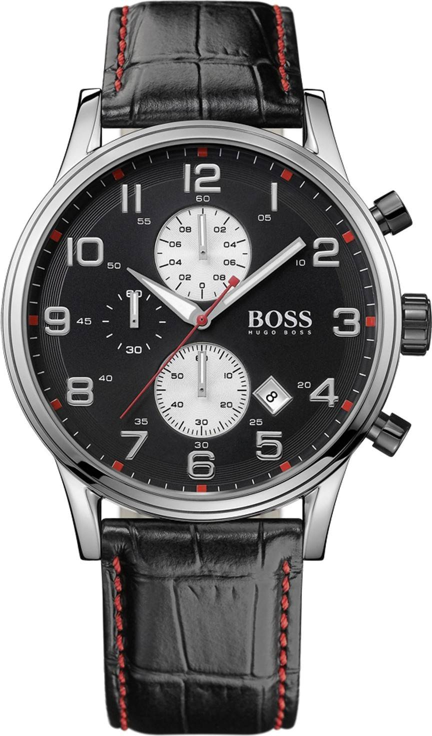 Montre Homme Hugo Boss 1512631 - Cadran Noir, Bracelet Cuir Crocodile Noir et Surpiqûres Rouges