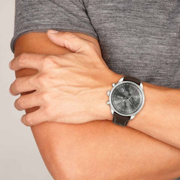 Montre Homme Hugo Boss 1513476 - Boîtier Acier, Cadran Gris, Bracelet Cuir Marron vue 3