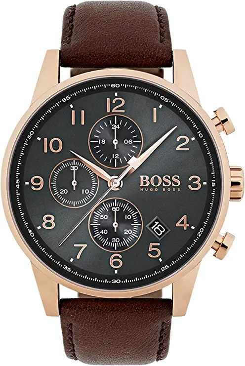 Montre Homme Hugo Boss 1513496 Navigator Chronographe Acier Or Rose Cadran Gris Cuir Marron