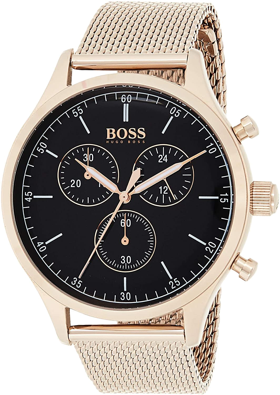 Montre Homme Hugo Boss 1513548, Boîtier Or Rose 44mm, Cadran Noir, Bracelet Maille Milanaise