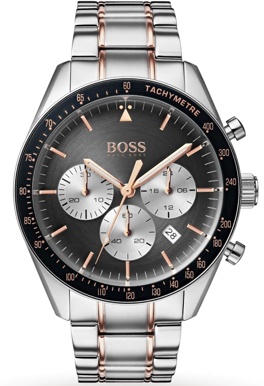 Montre Hugo Boss Trophy 1513634 Homme - Cadran Gris 44mm, Bracelet Acier Bi-Ton Or Rose