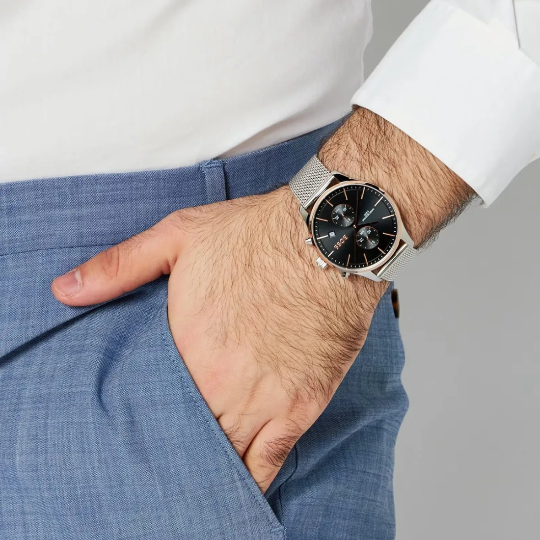 Montre Homme Hugo Boss Associate 1513805, Cadran Noir, Boîtier Argent, Bracelet Maille Milanaise vue 5