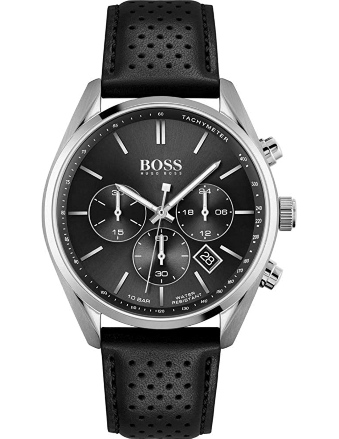 Montre Hugo Boss Champion 1513816 pour Homme - Boîtier Acier, Cadran Noir, Bracelet Cuir Perforé Noir