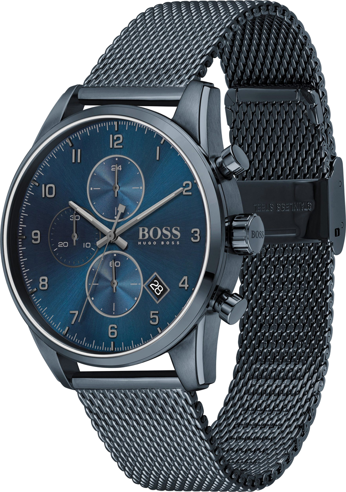Montre Homme Hugo Boss Skymaster 1513836 - Boîtier et bracelet maille milanaise acier bleu vue 2