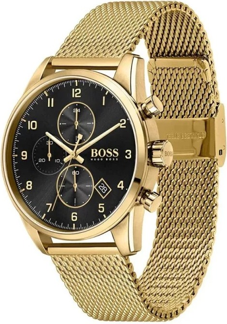 Montre Homme Hugo Boss Skymaster 1513838, Cadran Noir, Boîtier et Bracelet Maille Milanaise Or vue 2